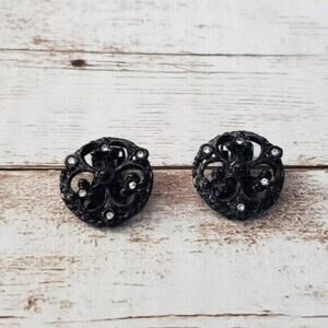 Vintage Clip On Earrings Black & Clear Gem Circle